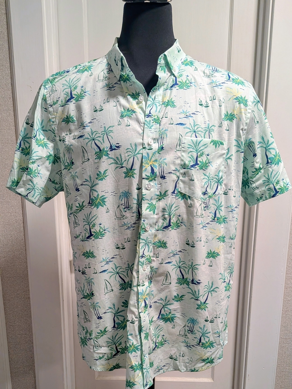 Club Room Mint Green Tropical Print Short-Sleeve Button-Down Shirt